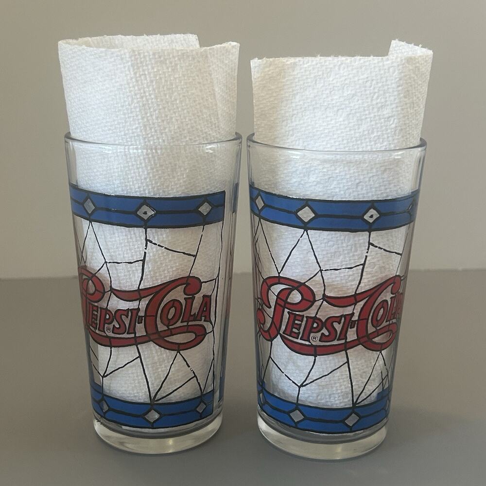 Pepsi Cola Glasses Tiffany Style Stained Glass Drinking Tumbler 8 Oz Set 2 VTG